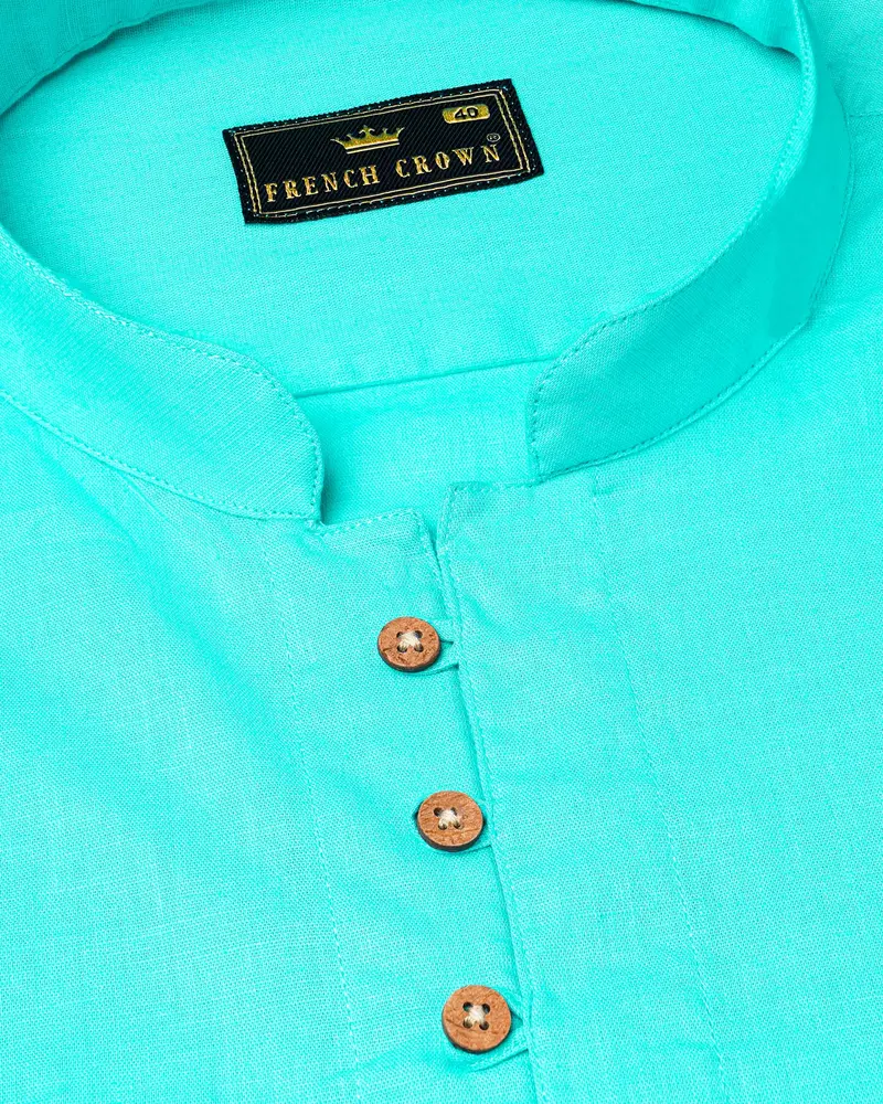 Bright Turquoise Luxurious Linen Kurta Shirt 4