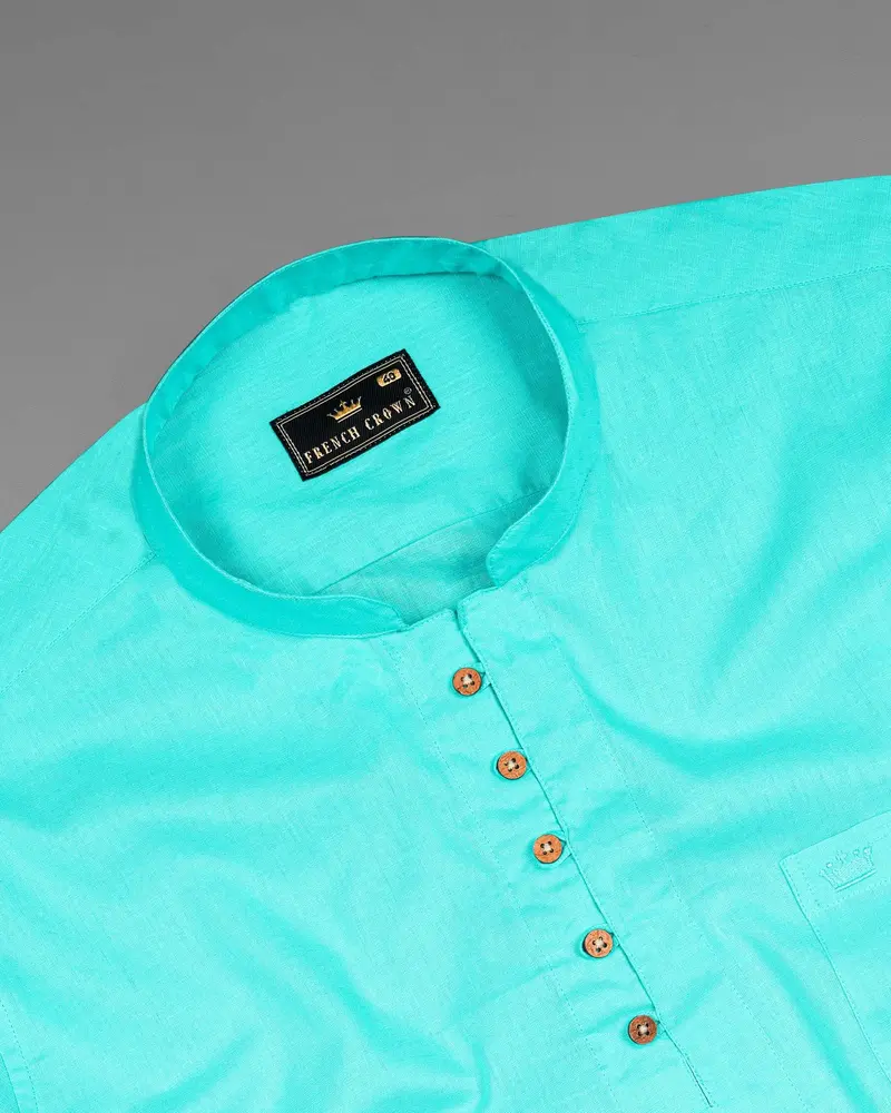 Bright Turquoise Luxurious Linen Kurta Shirt 5