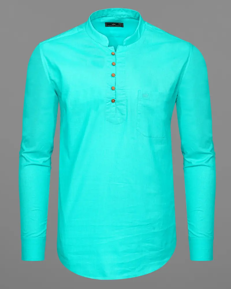 Bright Turquoise Luxurious Linen Kurta Shirt 6