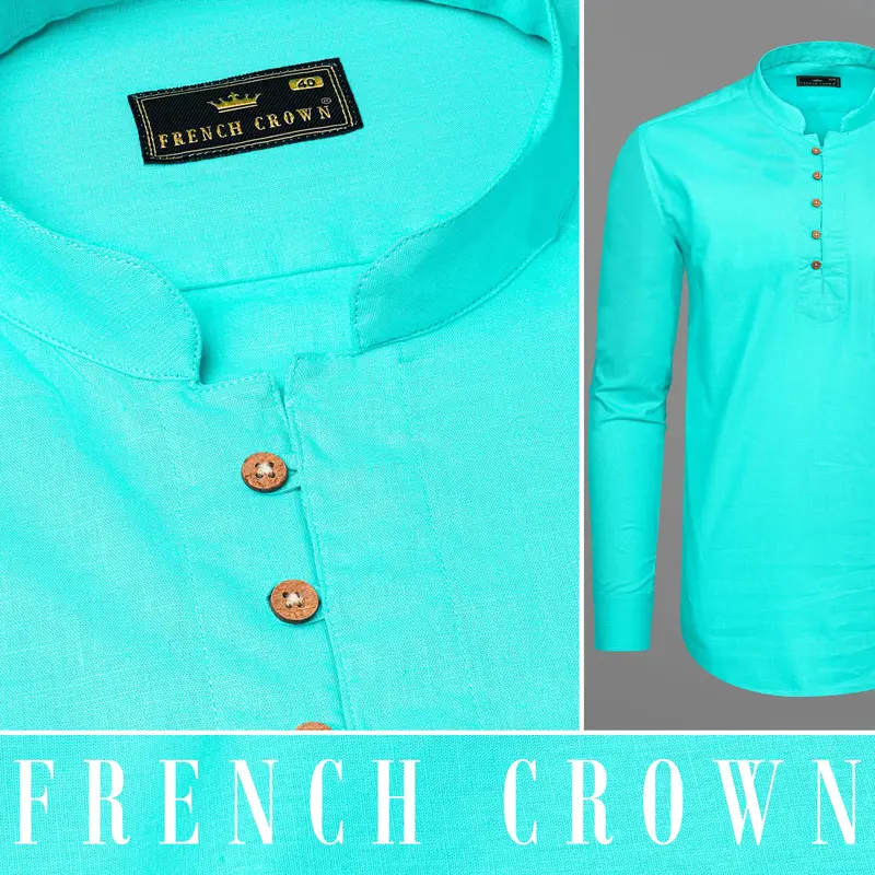 Bright Turquoise Luxurious Linen Kurta Shirt 9