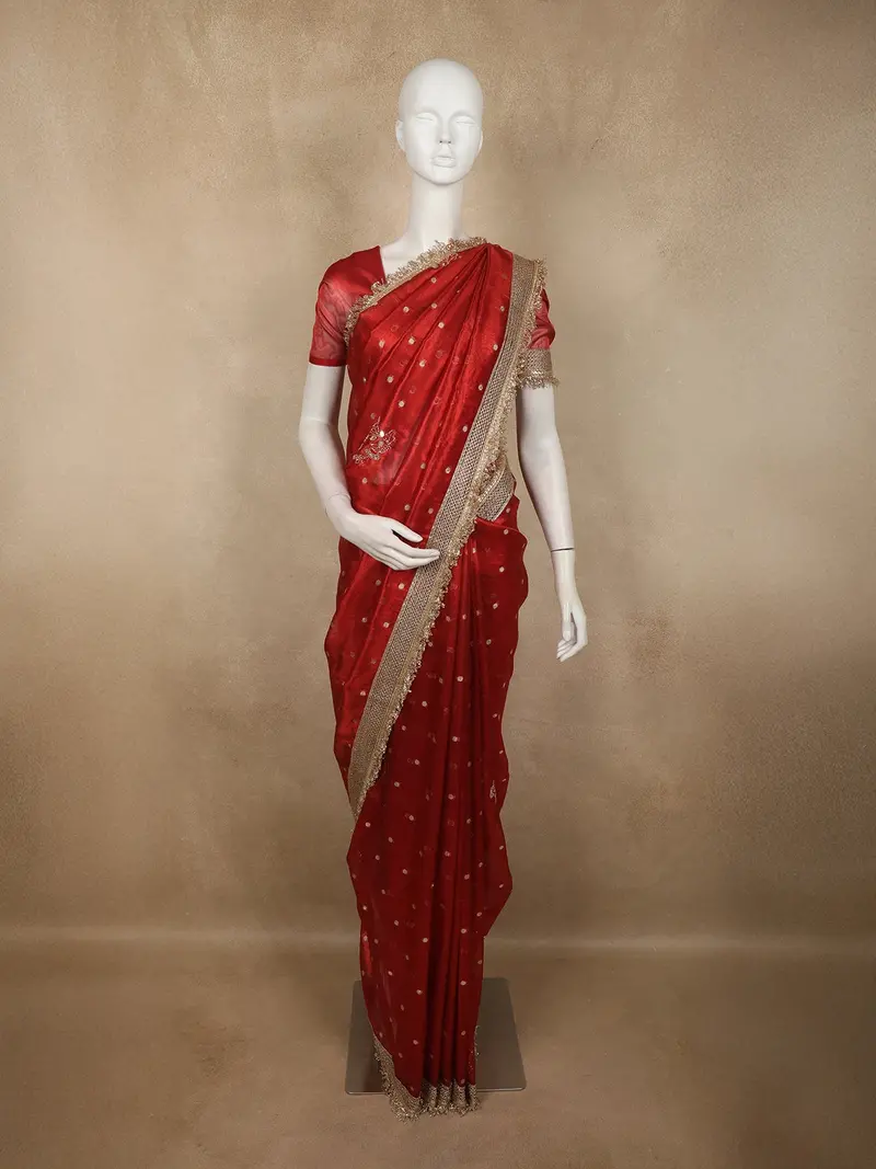 Bright Vermilion Red Butta Zari Woven Design Tissue Saree With Designer Lace Border 1