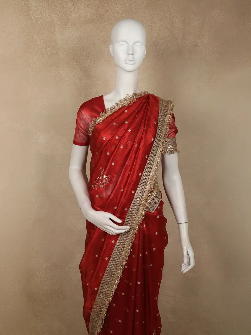 Bright Vermilion Red Butta Zari Woven Design Tissue Saree With Designer Lace Border 2