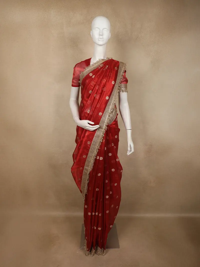 Bright Vermilion Red Floral Butta Zari Woven Design Tissue Saree With Designer Lace Border 1