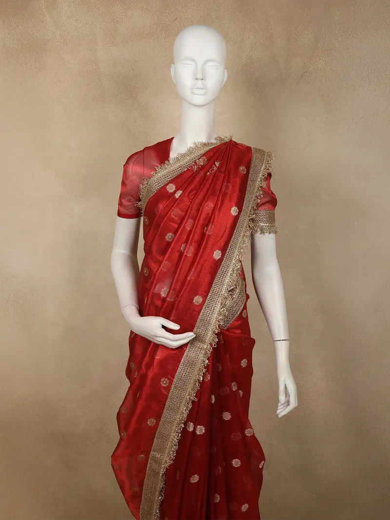 Bright Vermilion Red Floral Butta Zari Woven Design Tissue Saree With Designer Lace Border 2