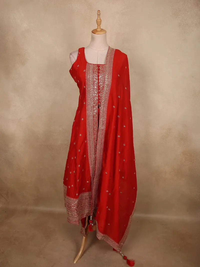 Bright Vermilion Red Floral Sequins Embroidered Design Georgette Salwar Suit With Dupatta 1
