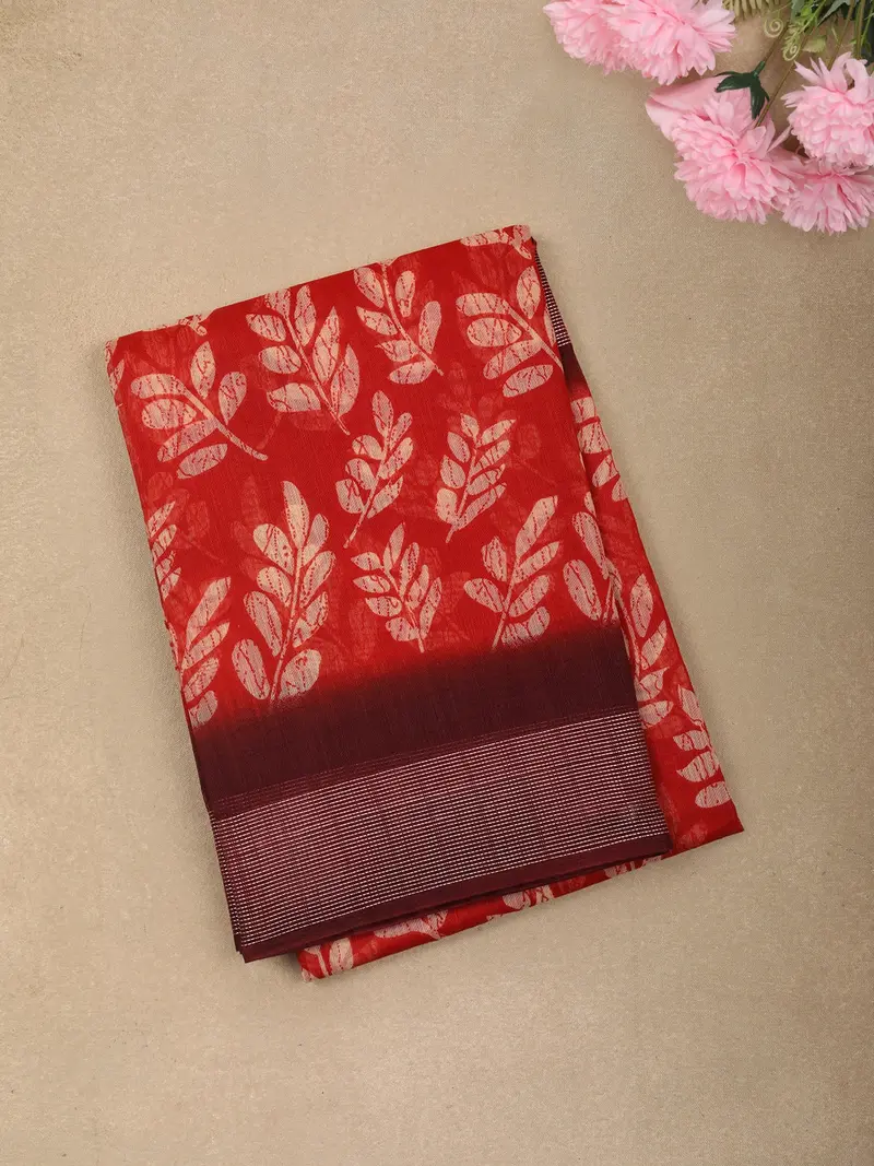 Bright Vermilion Red Leaf Printed Design Mixed Cotton Casual Wear Saree 1