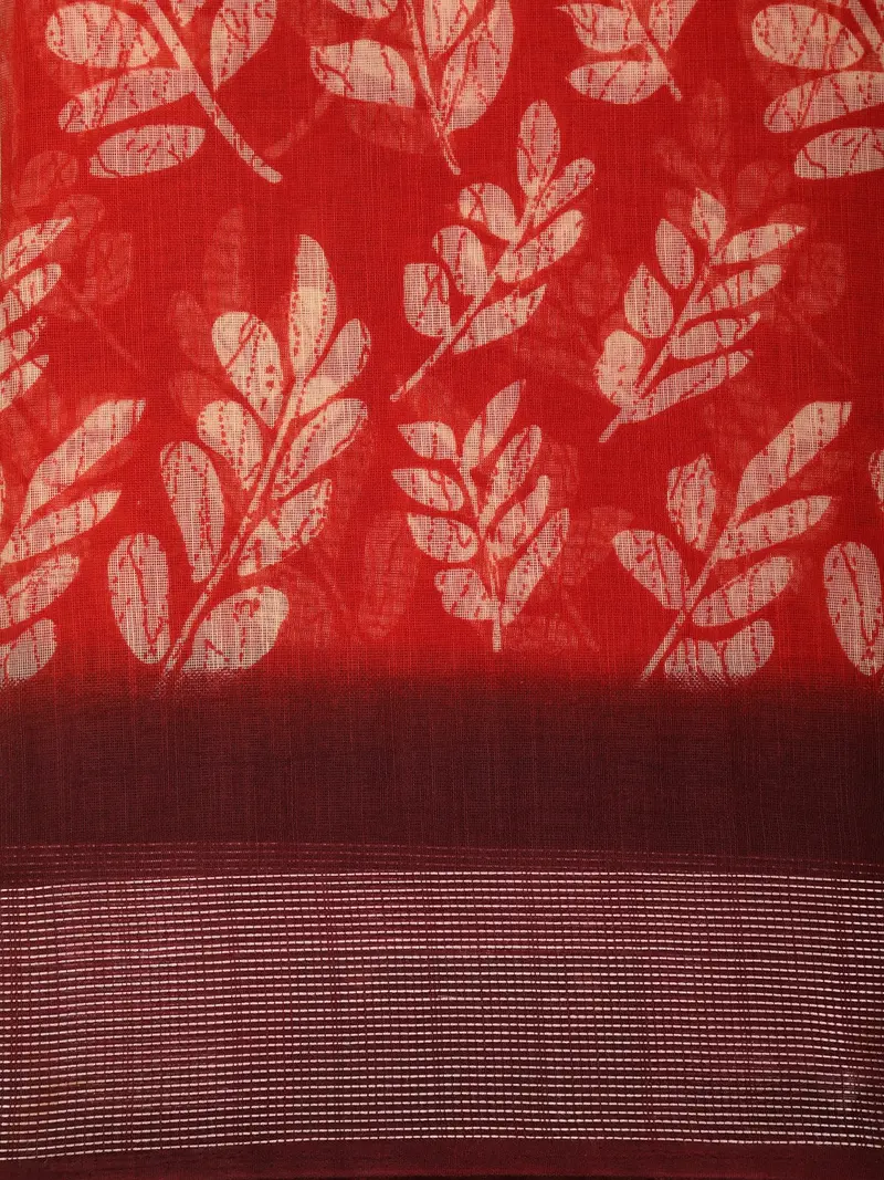 Bright Vermilion Red Leaf Printed Design Mixed Cotton Casual Wear Saree 2