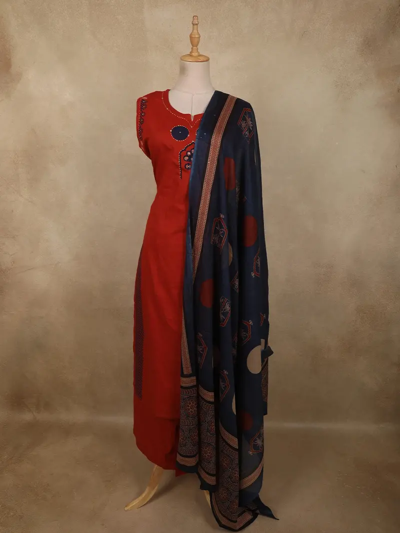 Bright Vermilion Red Mirror Embroidered Design Cotton Palazzo Suit With Dupatta 1