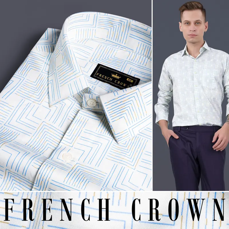 Bright White Abstract Lines Printed Subtle Sheen Super Soft Premium Cotton Shirt 4