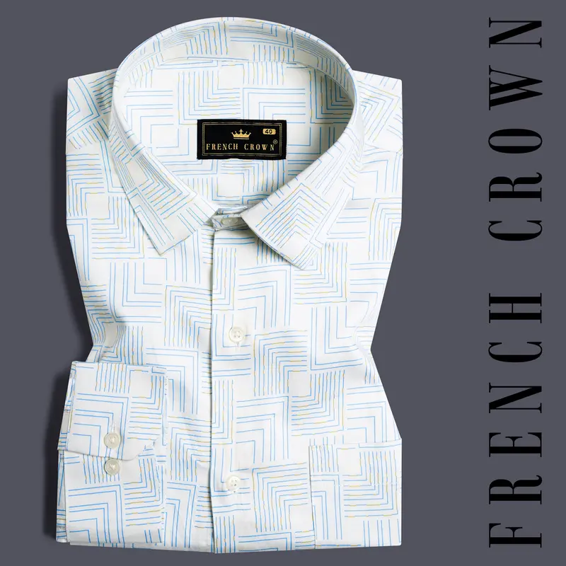 Bright White Abstract Lines Printed Subtle Sheen Super Soft Premium Cotton Shirt 7