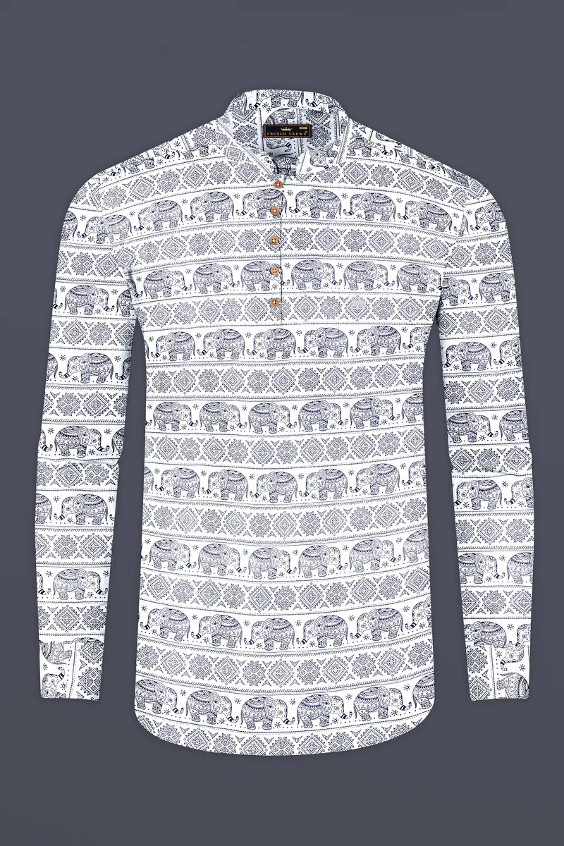 Bright White Ancient Art Printed Premium Tencel Kurta Shirt 5