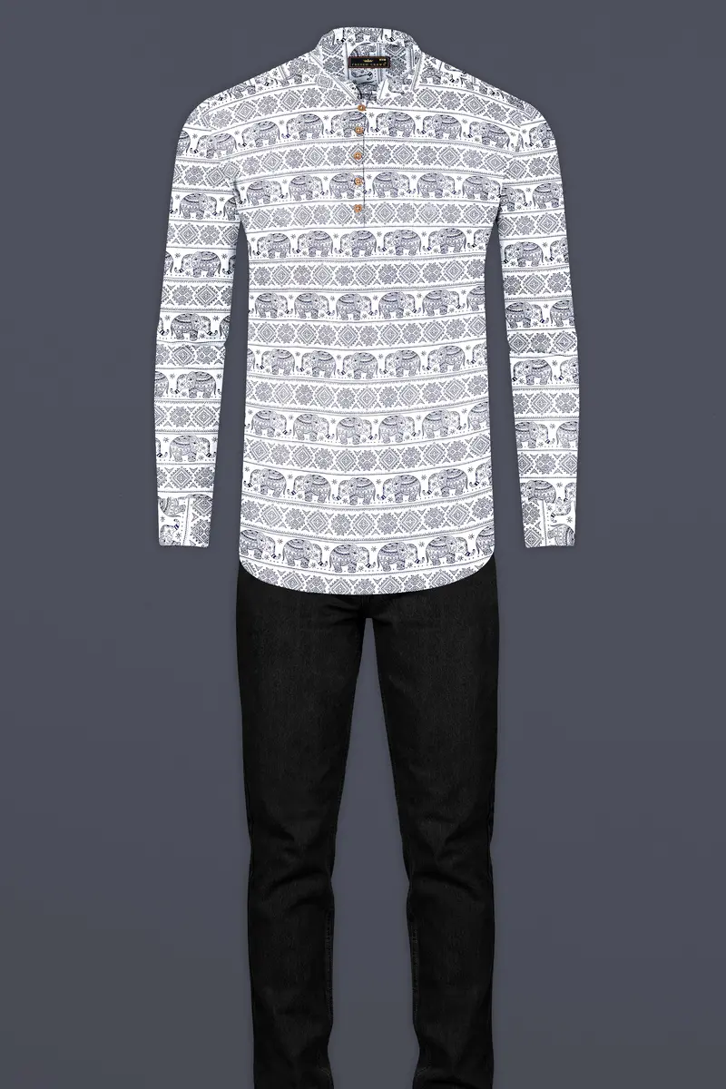 Bright White Ancient Art Printed Premium Tencel Kurta Shirt 7