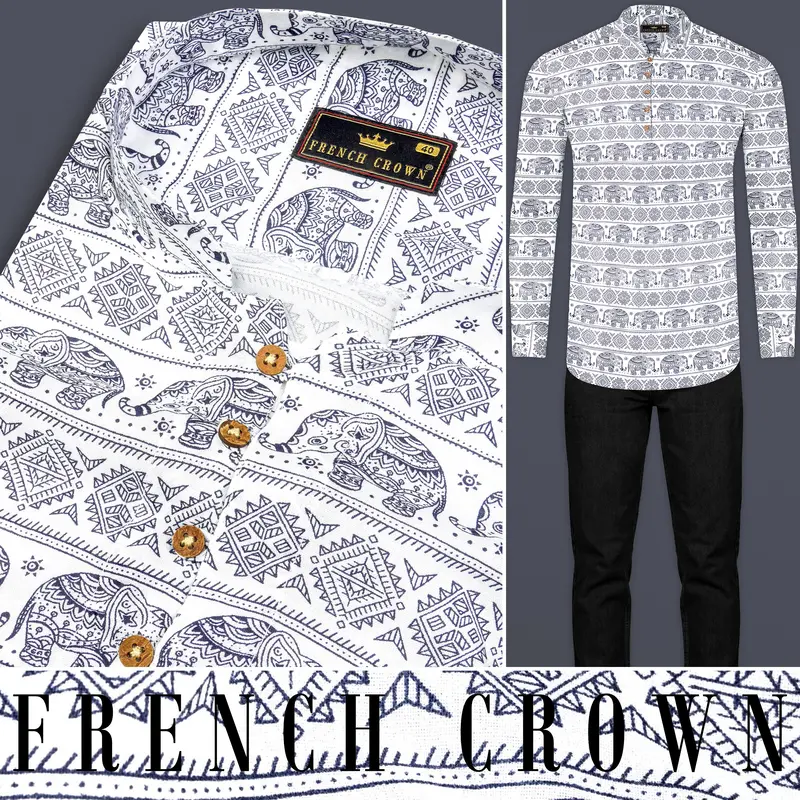 Bright White Ancient Art Printed Premium Tencel Kurta Shirt 8