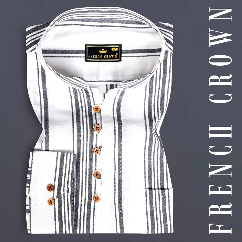 Bright White And Abbey Gray Striped Oxford Premium Cotton Kurta Shirt 1