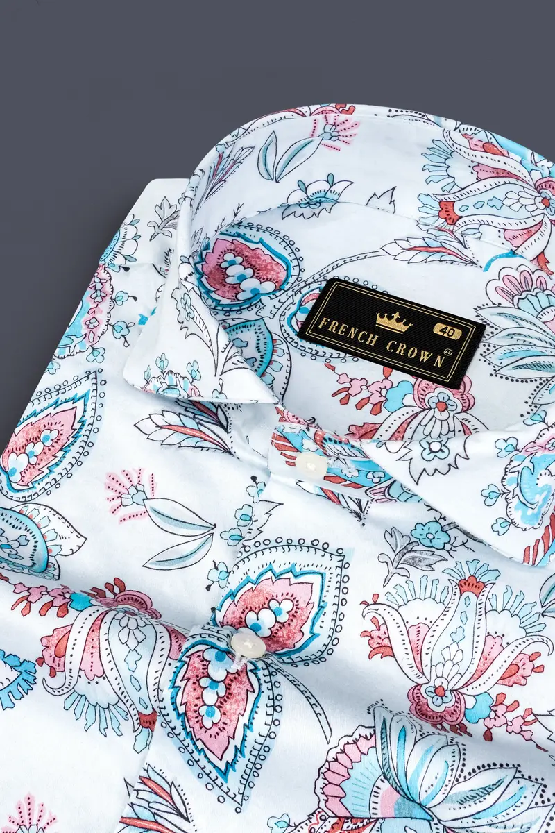 Bright White And Anakiwa Blue Leaves Printed Subtle Sheen Super Soft Premium Cotton Shirt 1