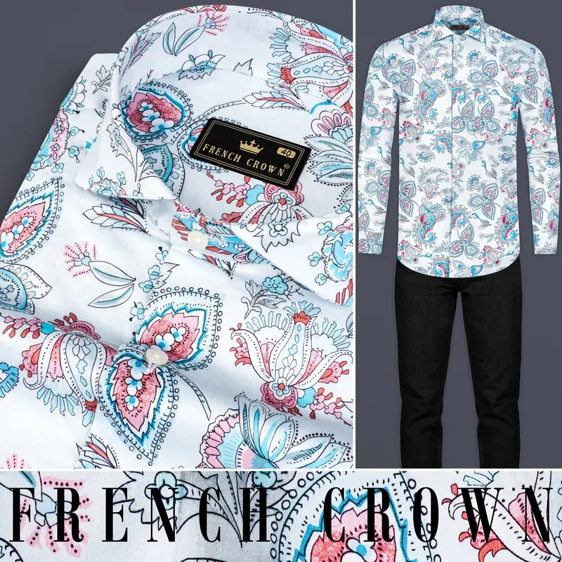 Bright White And Anakiwa Blue Leaves Printed Subtle Sheen Super Soft Premium Cotton Shirt 10