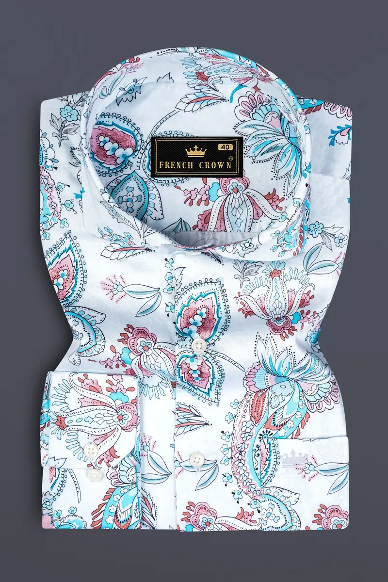 Bright White And Anakiwa Blue Leaves Printed Subtle Sheen Super Soft Premium Cotton Shirt 3