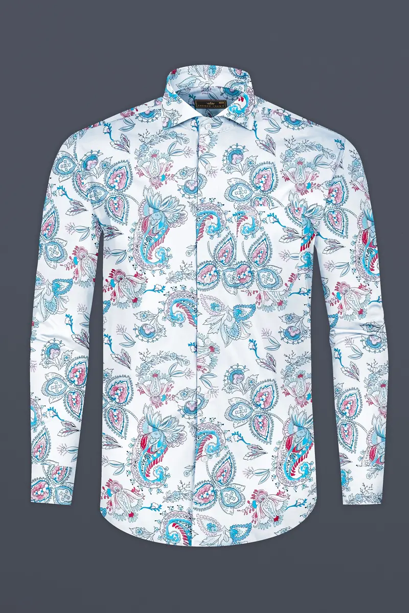 Bright White And Anakiwa Blue Leaves Printed Subtle Sheen Super Soft Premium Cotton Shirt 4