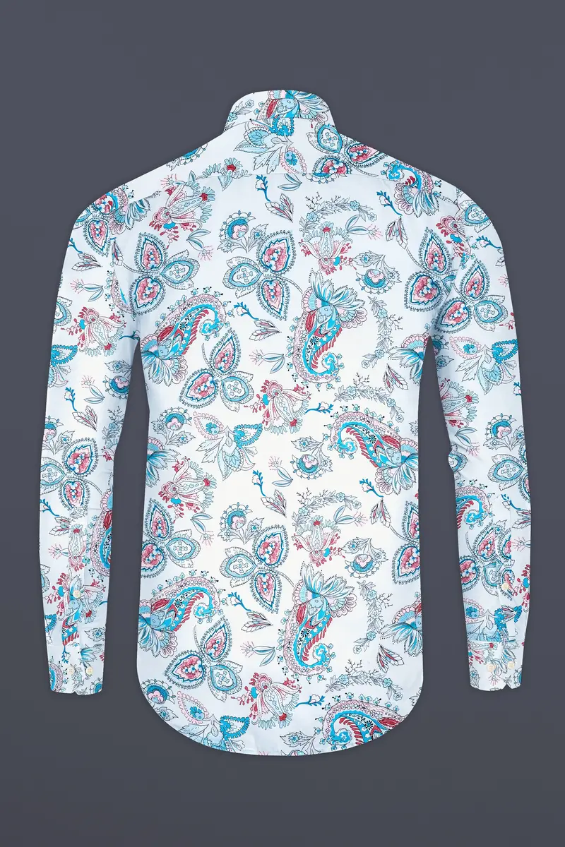 Bright White And Anakiwa Blue Leaves Printed Subtle Sheen Super Soft Premium Cotton Shirt 5