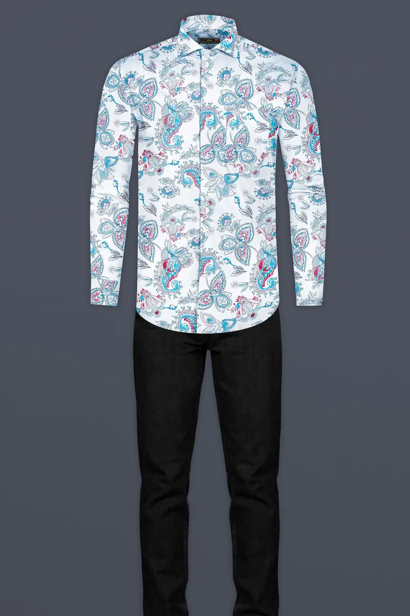 Bright White And Anakiwa Blue Leaves Printed Subtle Sheen Super Soft Premium Cotton Shirt 6