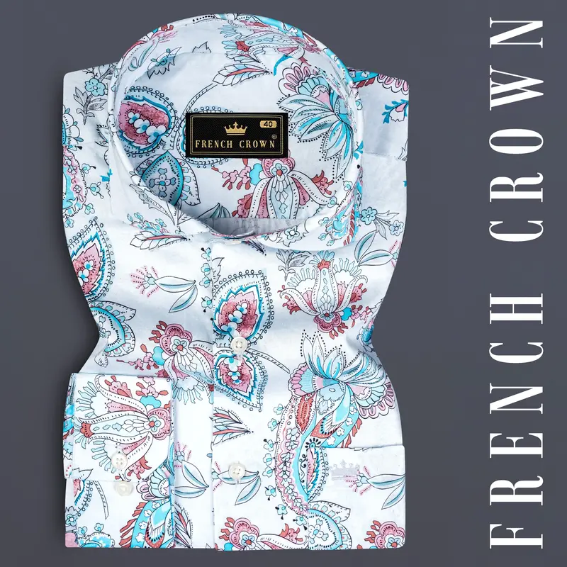Bright White And Anakiwa Blue Leaves Printed Subtle Sheen Super Soft Premium Cotton Shirt 7