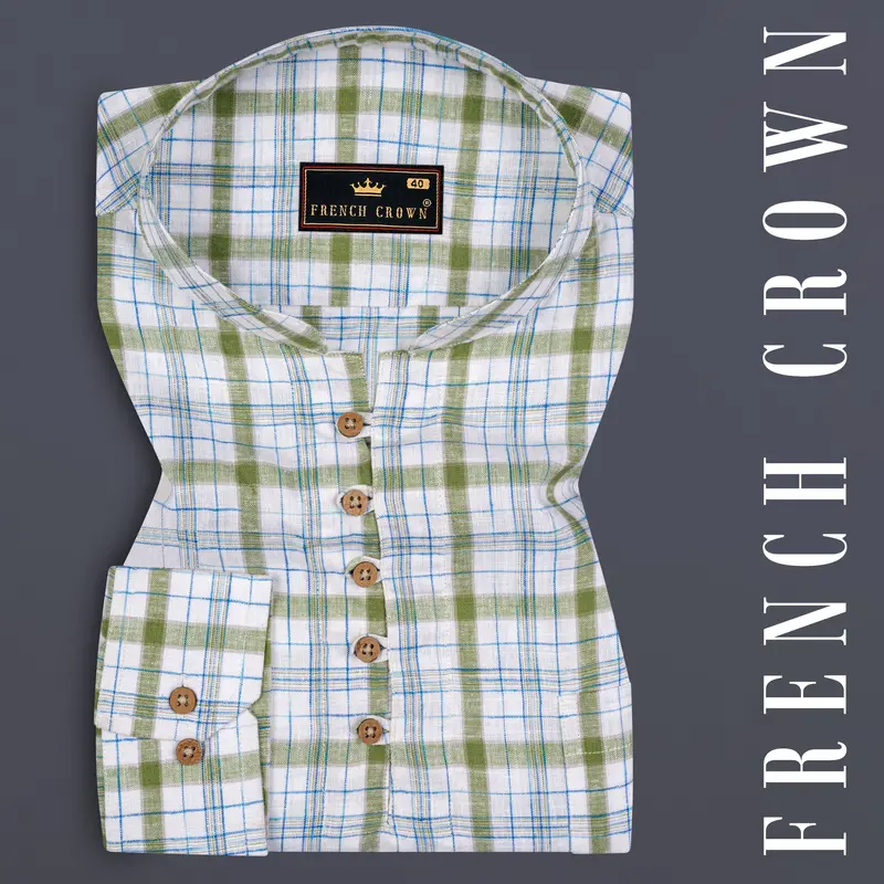 Bright White And Avocado Green Plaid Luxurious Linen Kurta Shirt 1