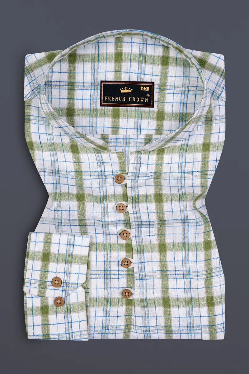 Bright White And Avocado Green Plaid Luxurious Linen Kurta Shirt 2