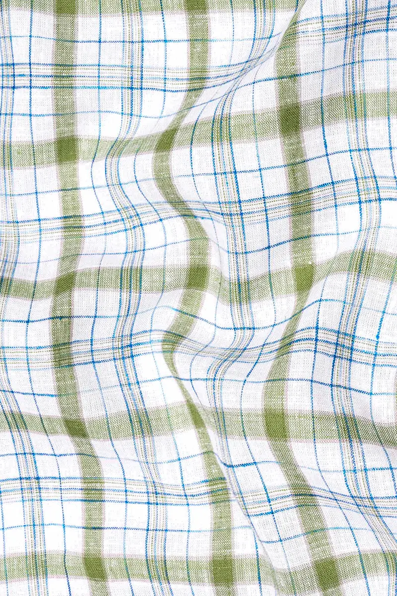 Bright White And Avocado Green Plaid Luxurious Linen Kurta Shirt 3