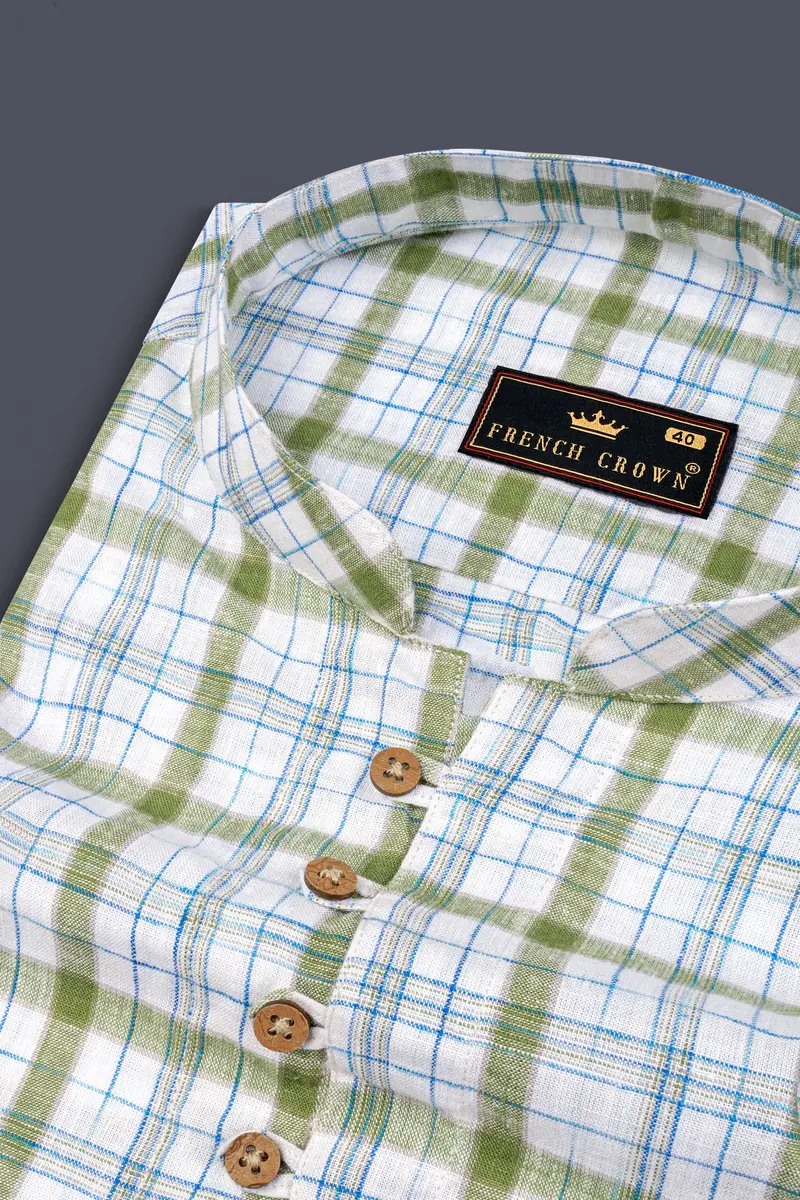 Bright White And Avocado Green Plaid Luxurious Linen Kurta Shirt 4