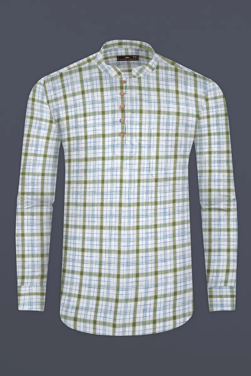 Bright White And Avocado Green Plaid Luxurious Linen Kurta Shirt 5