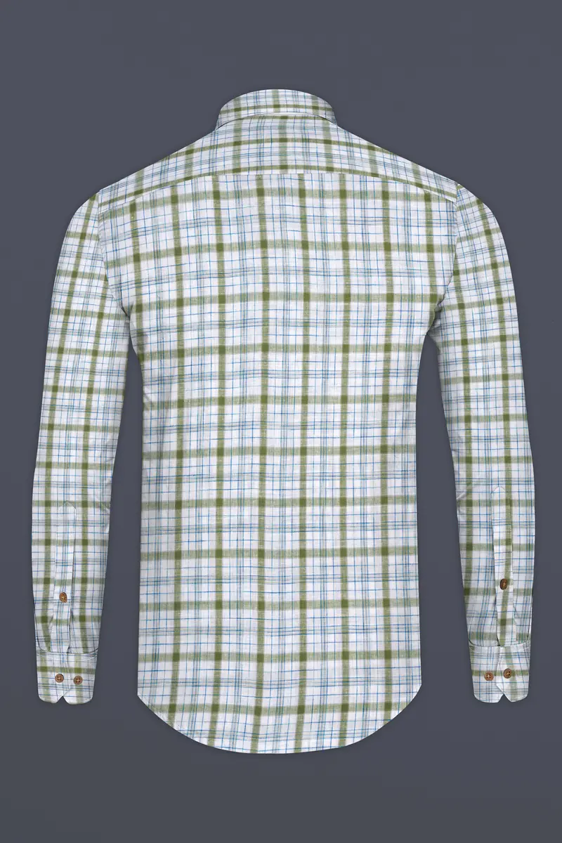 Bright White And Avocado Green Plaid Luxurious Linen Kurta Shirt 6