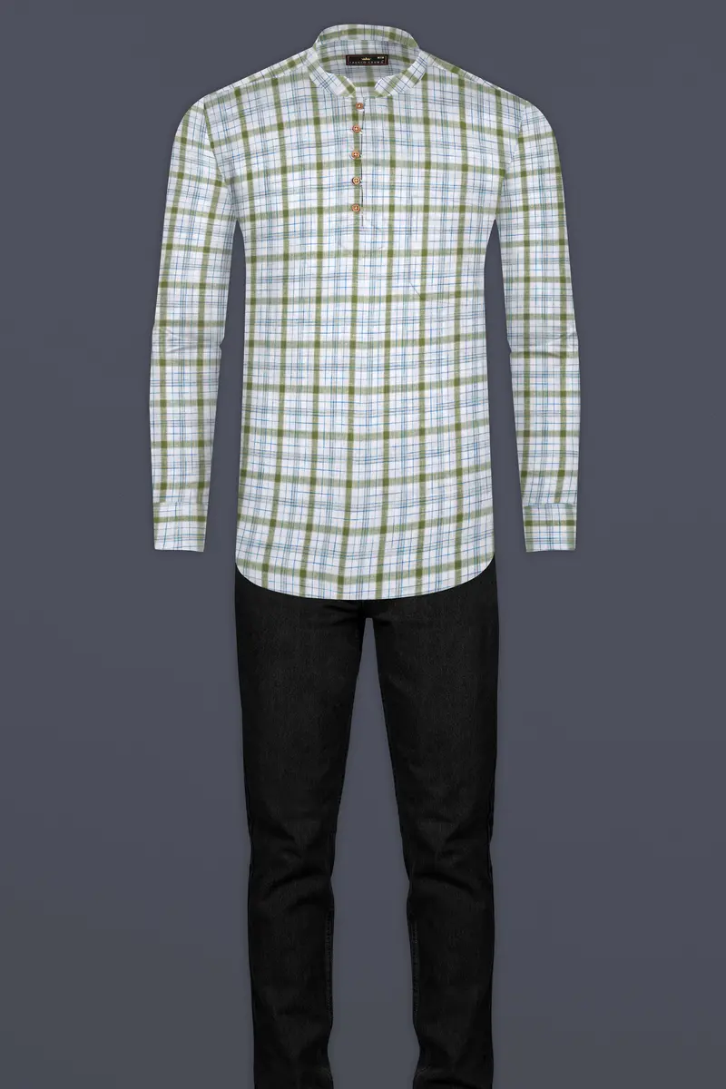 Bright White And Avocado Green Plaid Luxurious Linen Kurta Shirt 7
