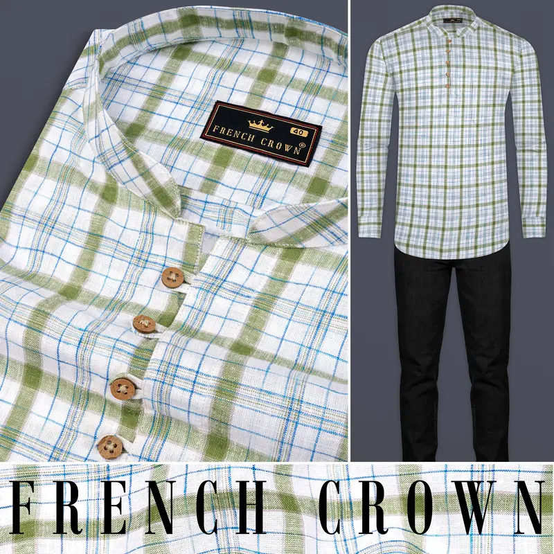 Bright White And Avocado Green Plaid Luxurious Linen Kurta Shirt 8