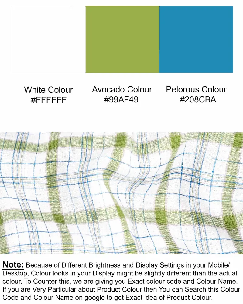 Bright White And Avocado Green Plaid Luxurious Linen Kurta Shirt 9