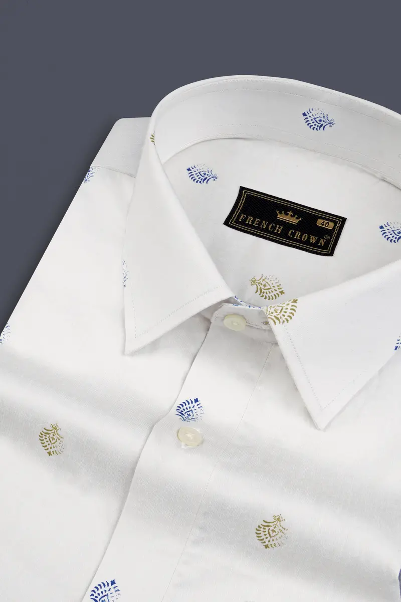 Bright White And Avocado Green Small Motifs Textured Super Soft Premium Cotton Shirt 1