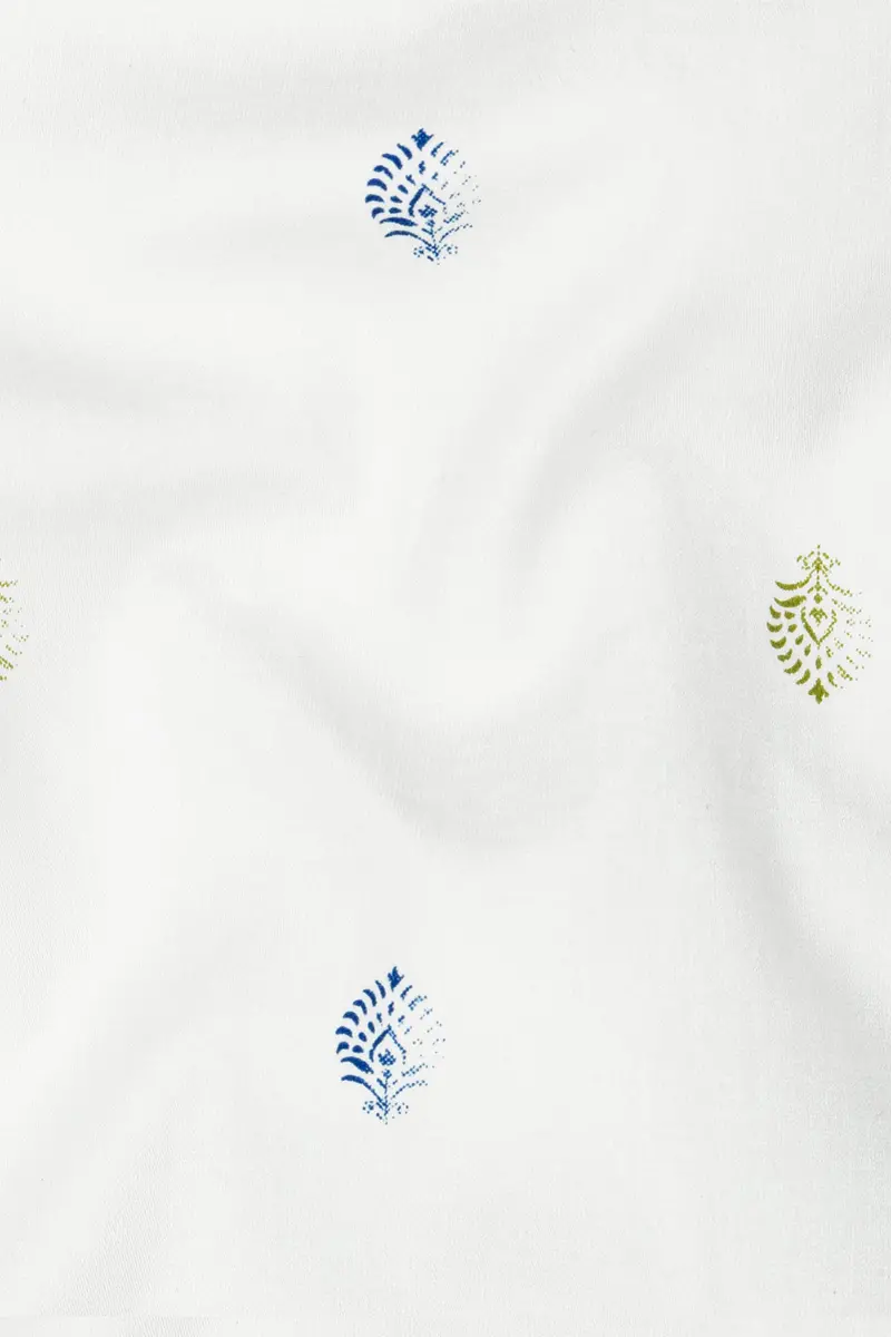 Bright White And Avocado Green Small Motifs Textured Super Soft Premium Cotton Shirt 2