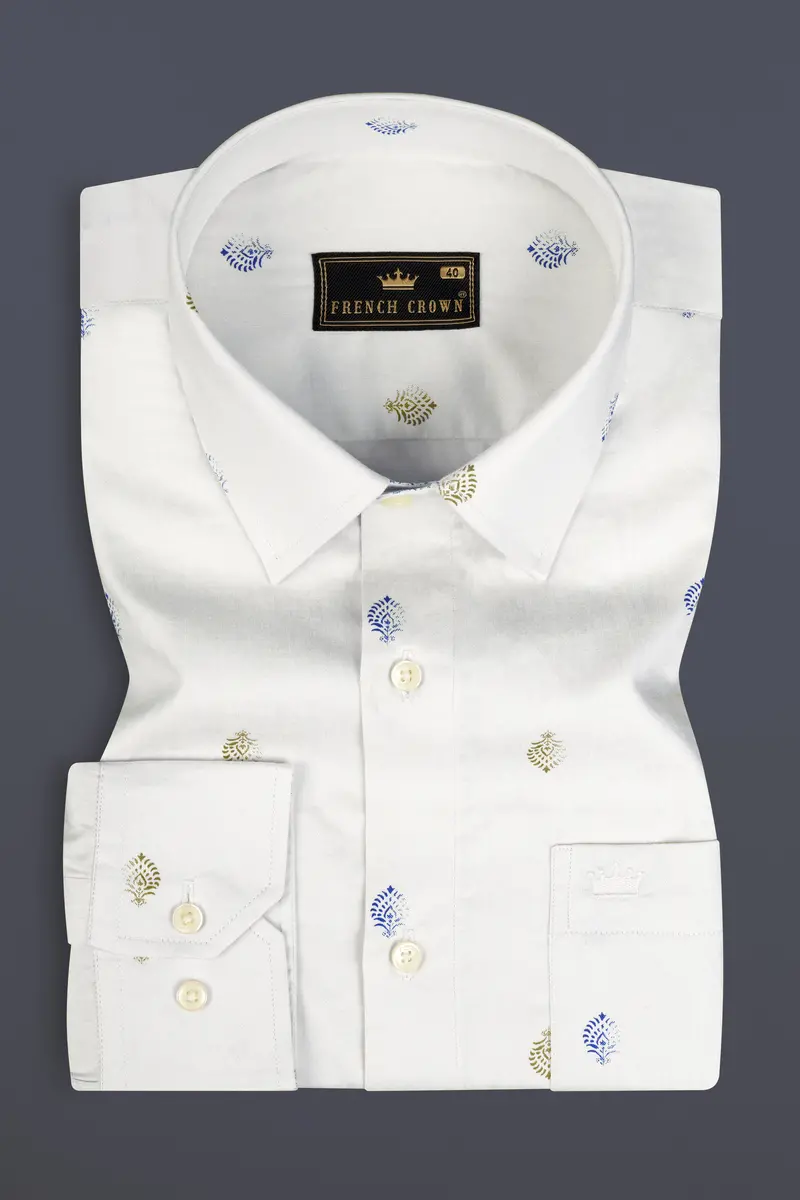 Bright White And Avocado Green Small Motifs Textured Super Soft Premium Cotton Shirt 3