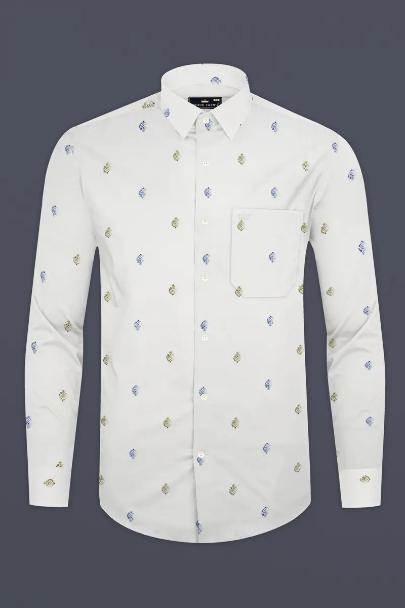 Bright White And Avocado Green Small Motifs Textured Super Soft Premium Cotton Shirt 4