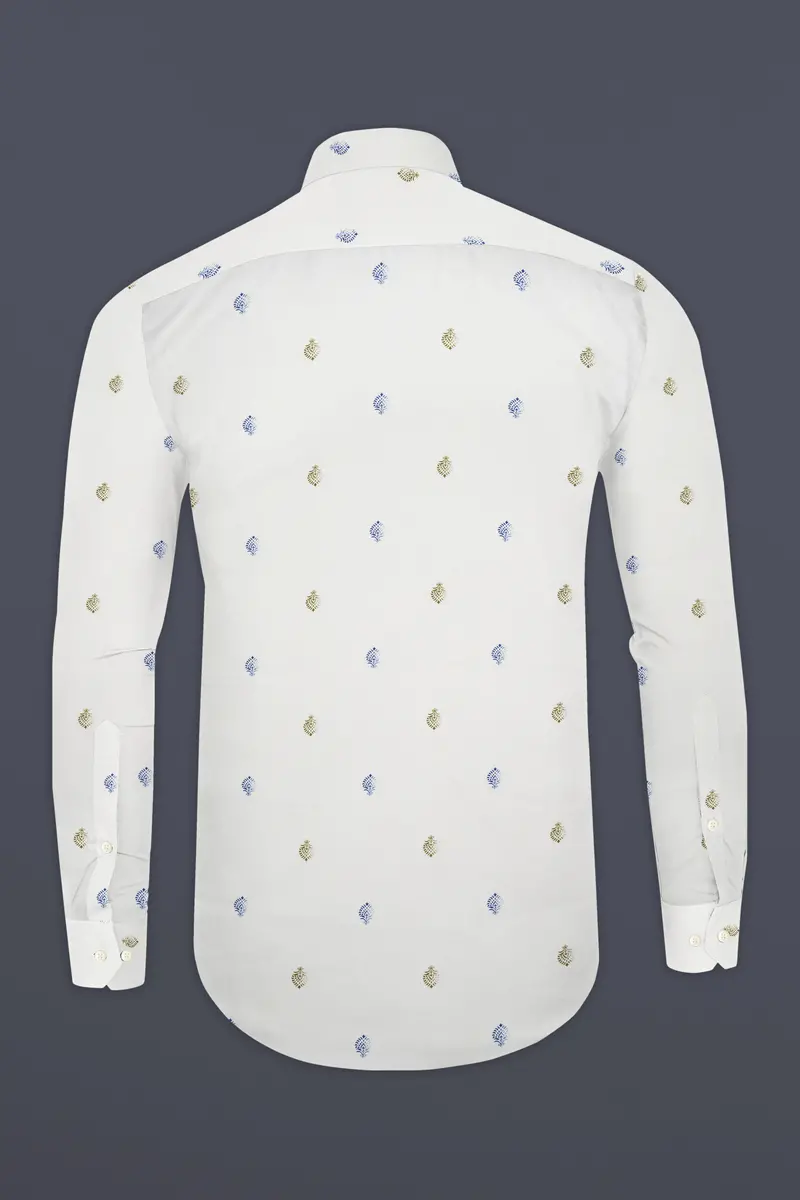 Bright White And Avocado Green Small Motifs Textured Super Soft Premium Cotton Shirt 5