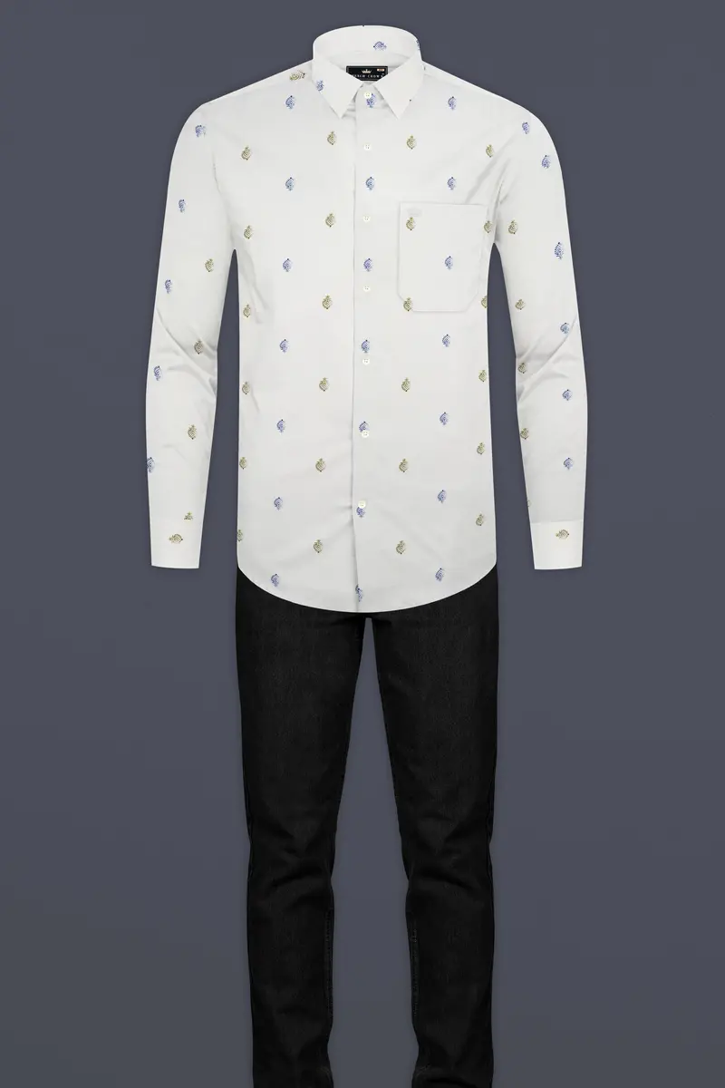 Bright White And Avocado Green Small Motifs Textured Super Soft Premium Cotton Shirt 6