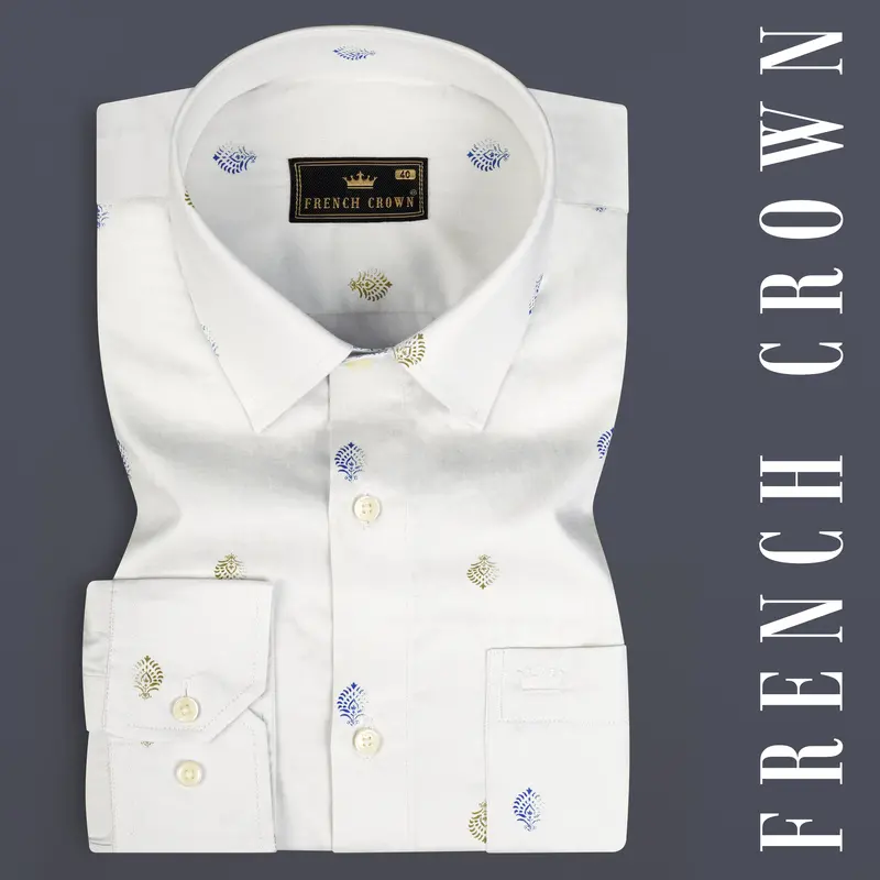 Bright White And Avocado Green Small Motifs Textured Super Soft Premium Cotton Shirt 7