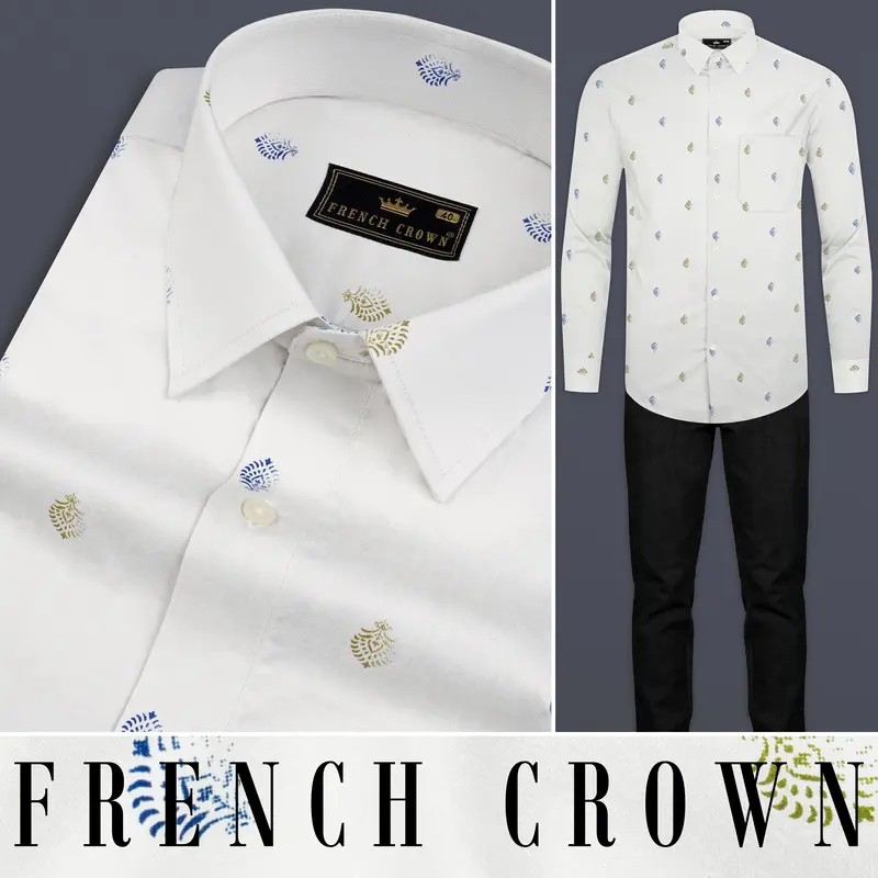 Bright White And Avocado Green Small Motifs Textured Super Soft Premium Cotton Shirt 9