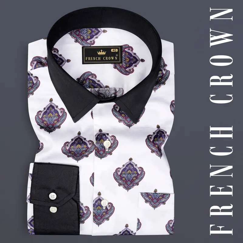 Bright White And Baltic Purple Printed Subtle Sheen Super Soft Premium Cotton Shirt 1