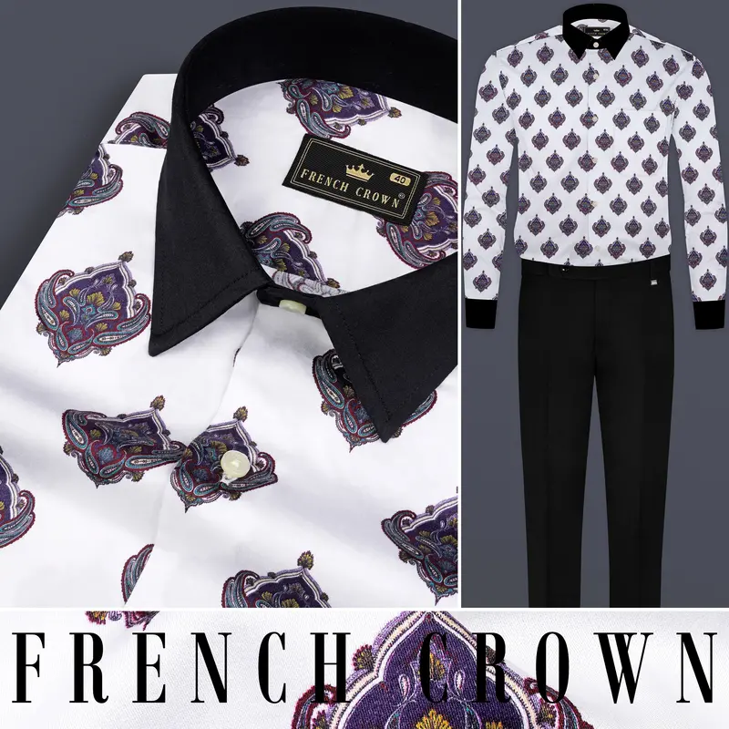 Bright White And Baltic Purple Printed Subtle Sheen Super Soft Premium Cotton Shirt 10