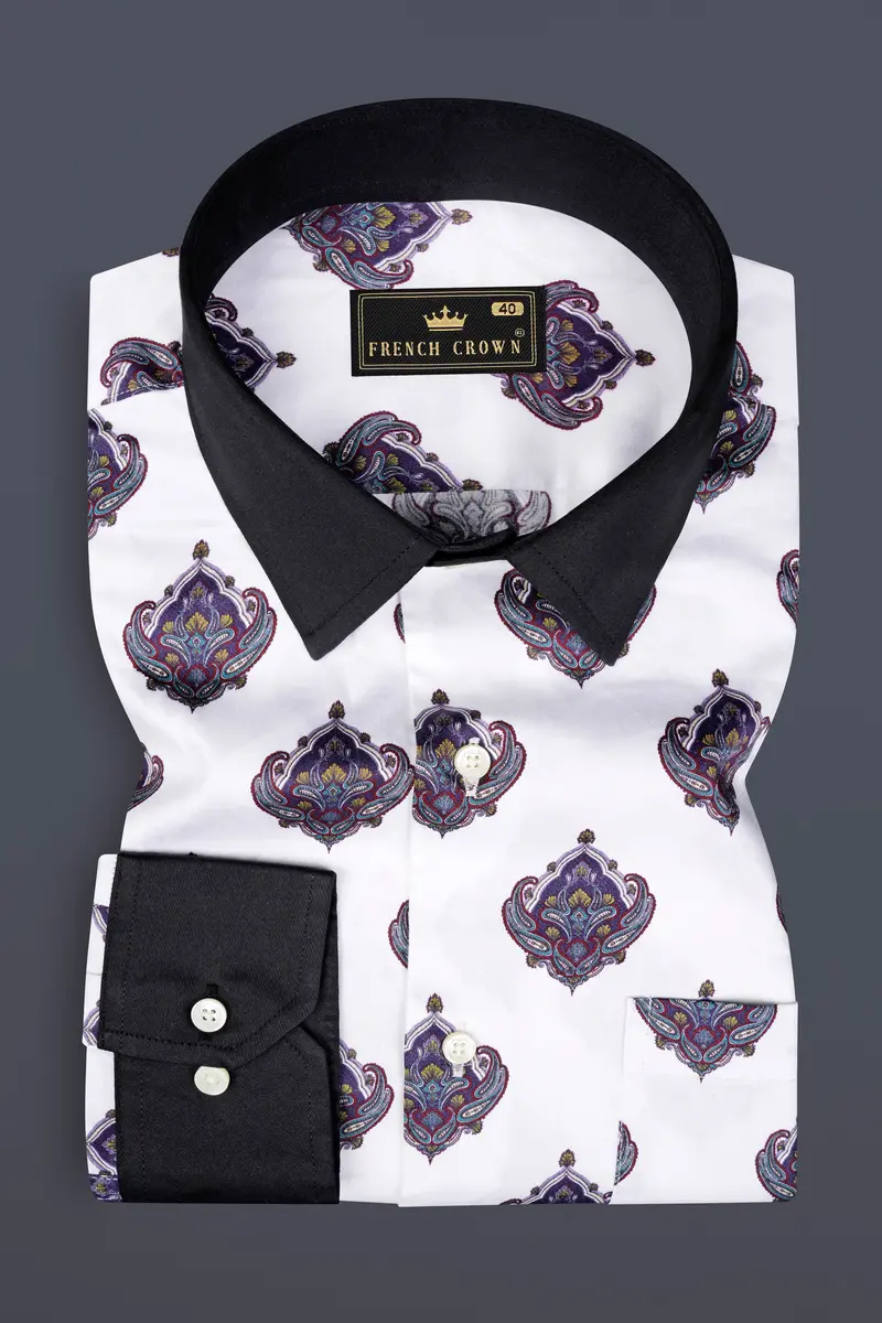 Bright White And Baltic Purple Printed Subtle Sheen Super Soft Premium Cotton Shirt 2