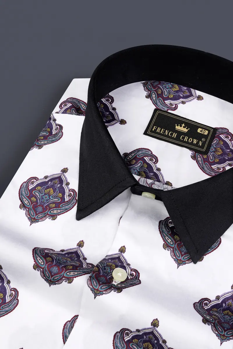 Bright White And Baltic Purple Printed Subtle Sheen Super Soft Premium Cotton Shirt 4