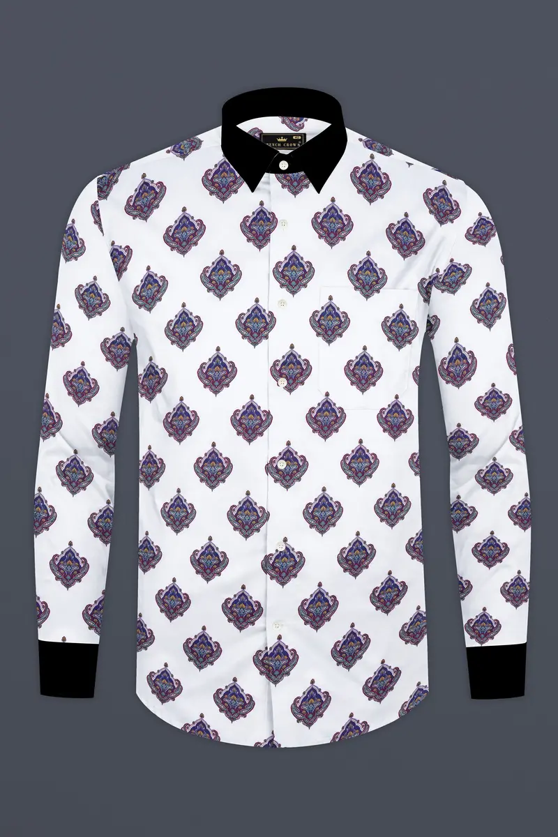 Bright White And Baltic Purple Printed Subtle Sheen Super Soft Premium Cotton Shirt 5