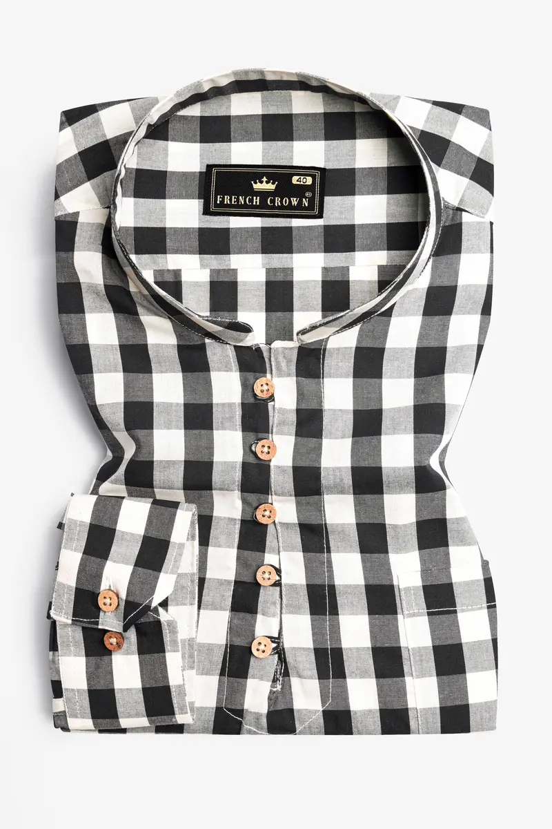 Bright White And Black Checked Royal Oxford Kurta Shirt 2