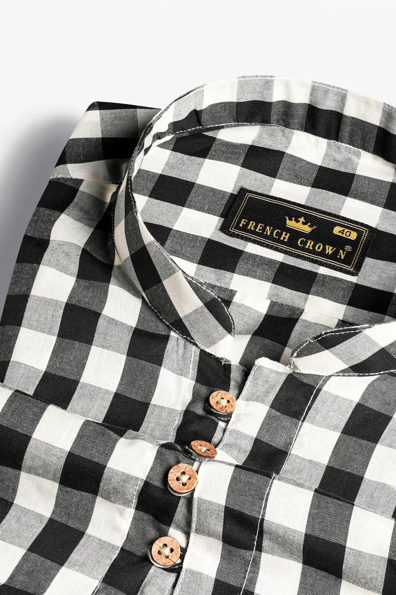 Bright White And Black Checked Royal Oxford Kurta Shirt 4
