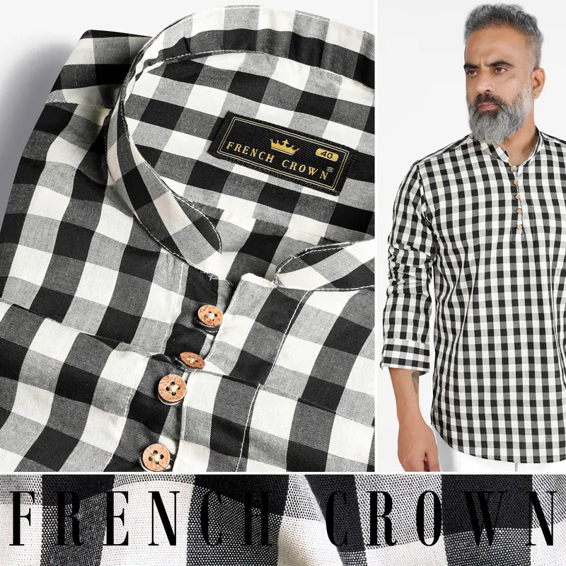 Bright White And Black Checked Royal Oxford Kurta Shirt 5
